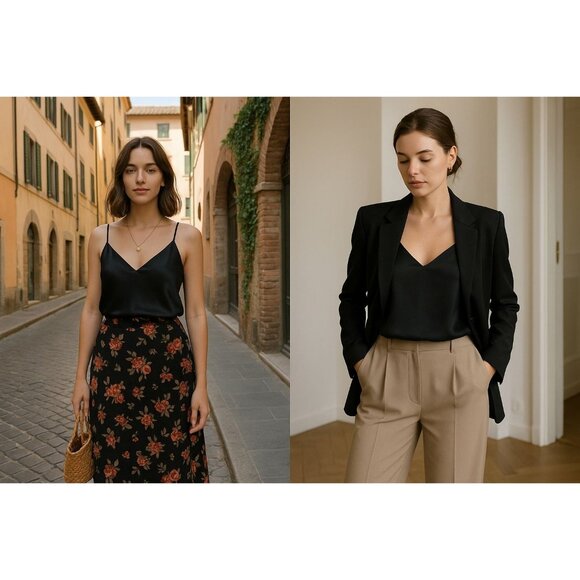 Spitalnick Black Woman 100% Silk Cami Tank 12 Quiet Luxury Chic Y2K Minimalist - Picture 1 of 8